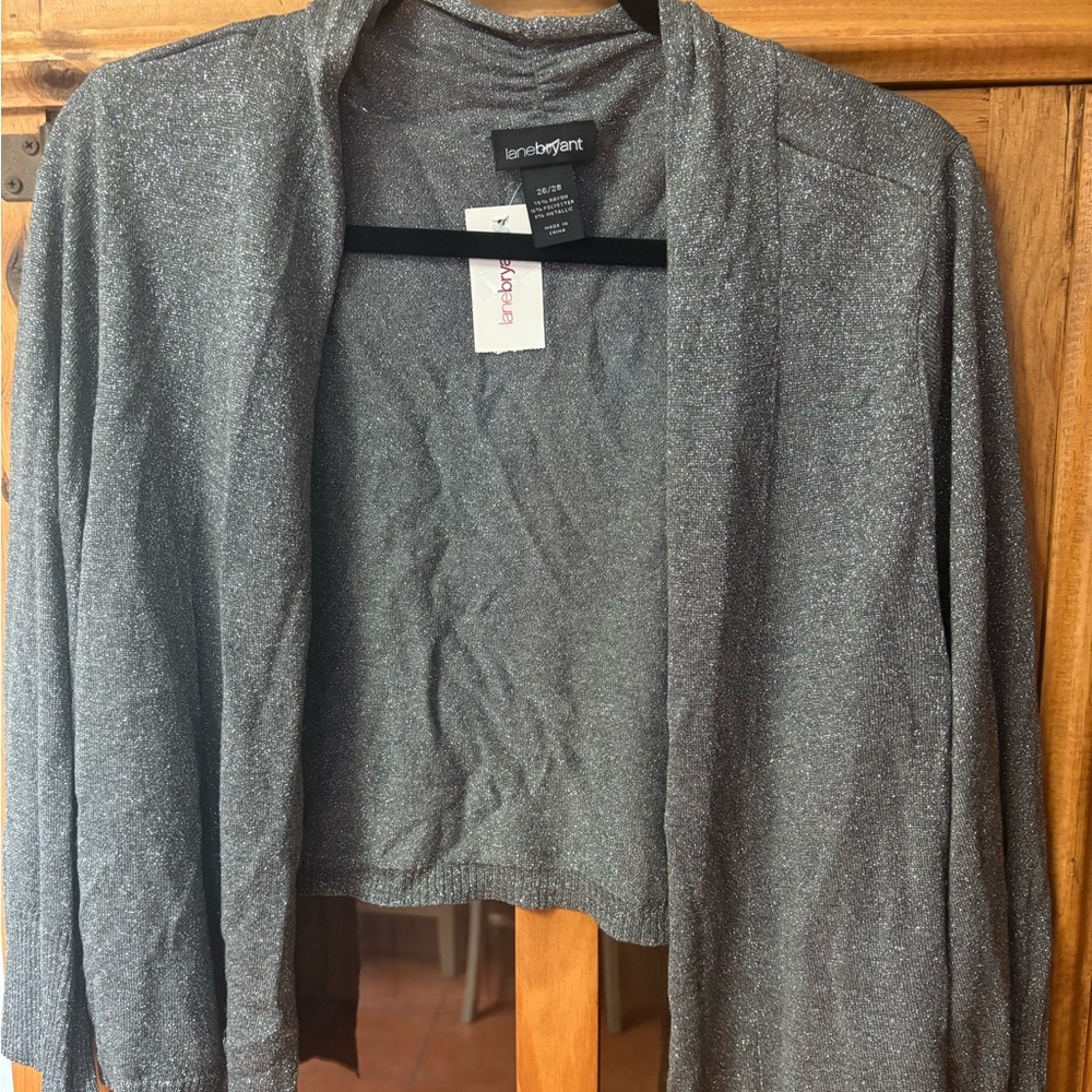 Lane Bryant Gray Metallic Open Front Tight Knit 3/4 Sleeve Cardigan Shrug 26/28